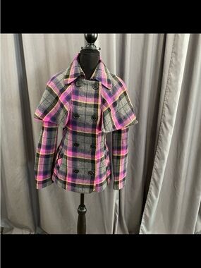 Ted Baker, London Cape style plaid wool coat size 1 UK